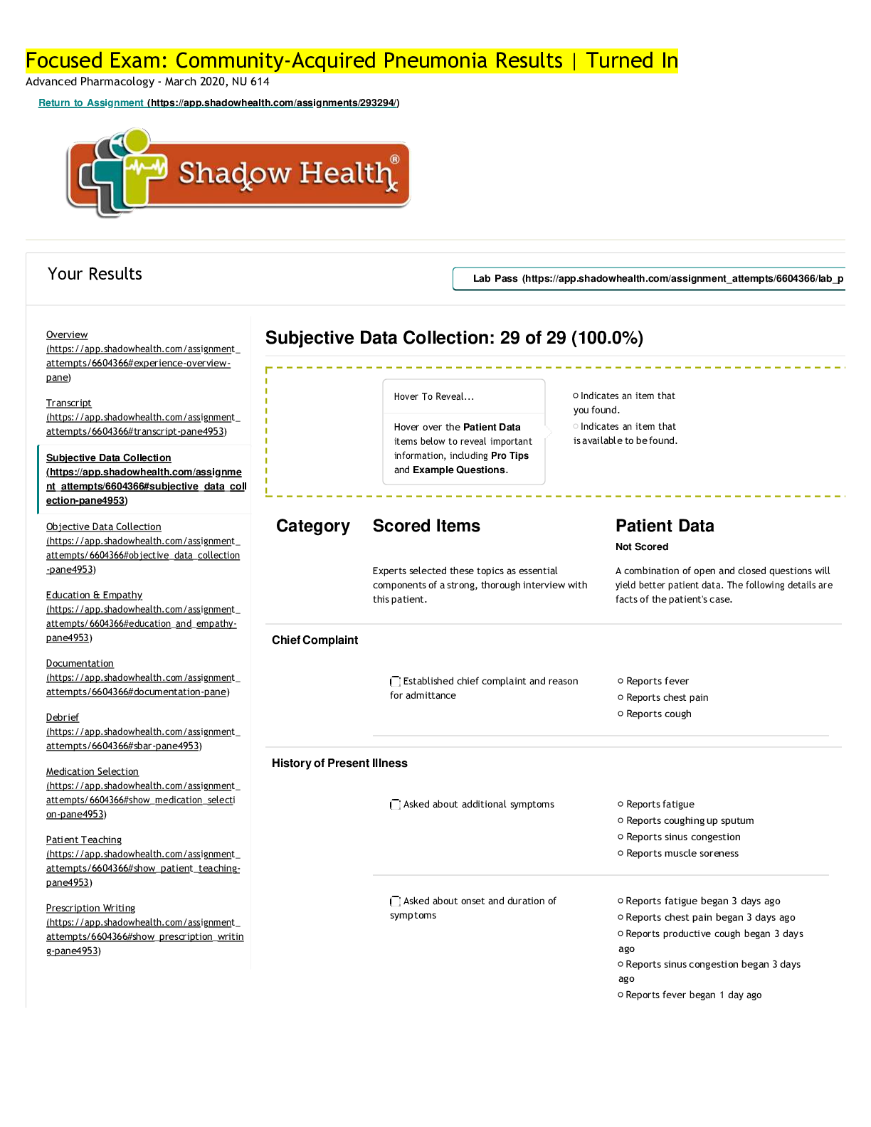 Recommended document preview for Community-Acquired Pneumonia Shadow Health- Education and Empathy: Focused Exam